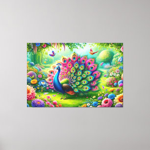 Vibrant Peacock in a Fantasy Garden Painting Canvas Print
