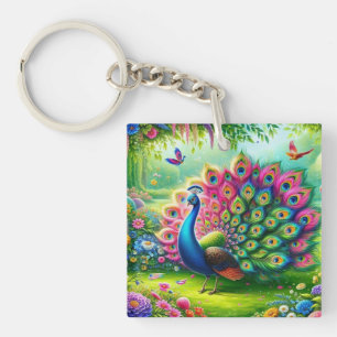 Vibrant Peacock in a Fantasy Garden Painting Key Ring