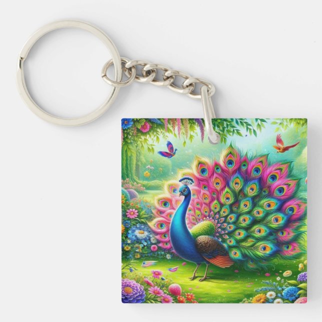Vibrant Peacock in a Fantasy Garden Painting Key Ring (Front)