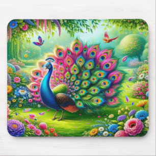 Vibrant Peacock in a Fantasy Garden Painting Mouse Mat