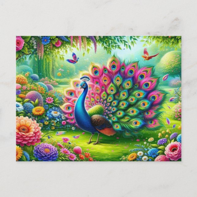 Vibrant Peacock in a Fantasy Garden Painting Postcard (Front)