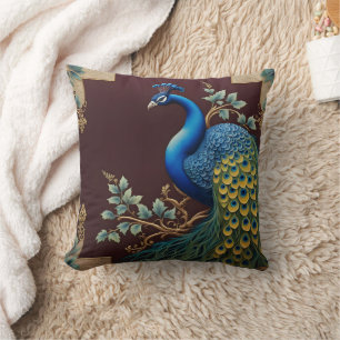 Vibrant Peacock on Dark Background Cushion