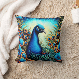 Vibrant Peacock Pair Amid Lush Flowers at Sunrise Cushion