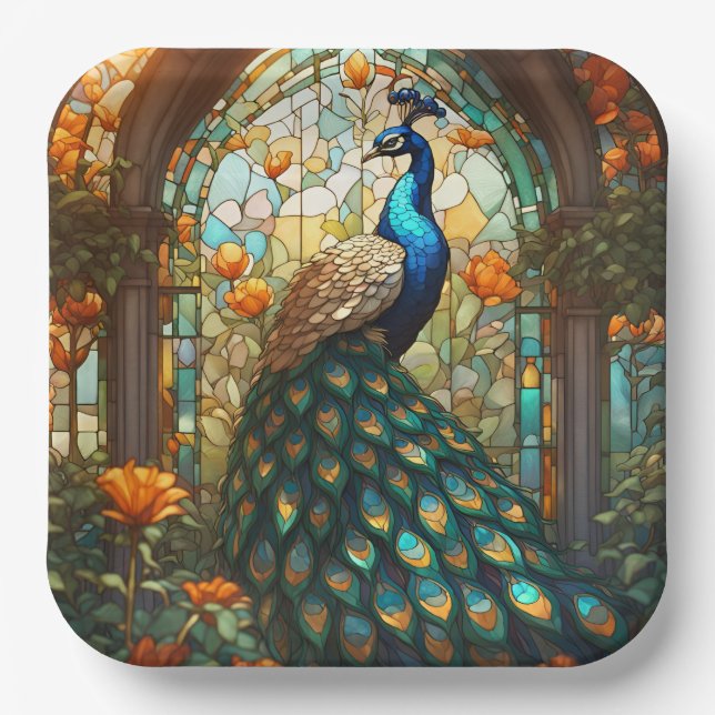 Vibrant Peacock Paper Plates: The Elegant Table Paper Plate (Front)