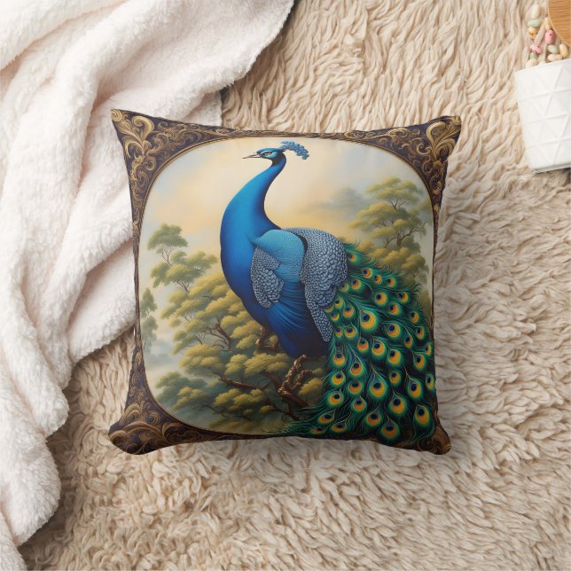 Vibrant Peacock Perched Amidst Lush Greenery Cushion (Blanket)