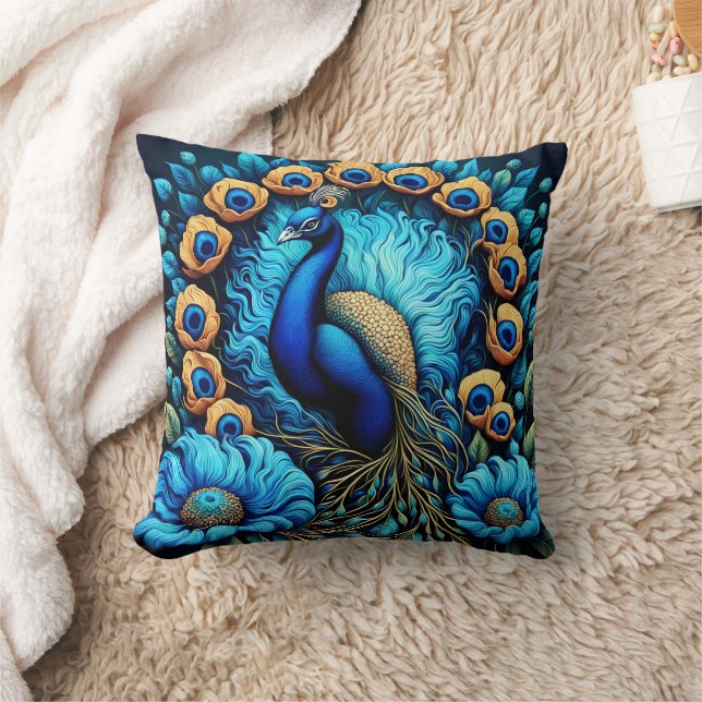 Vibrant Peacock Surrounded By Colourful Flowers Cushion (Blanket)