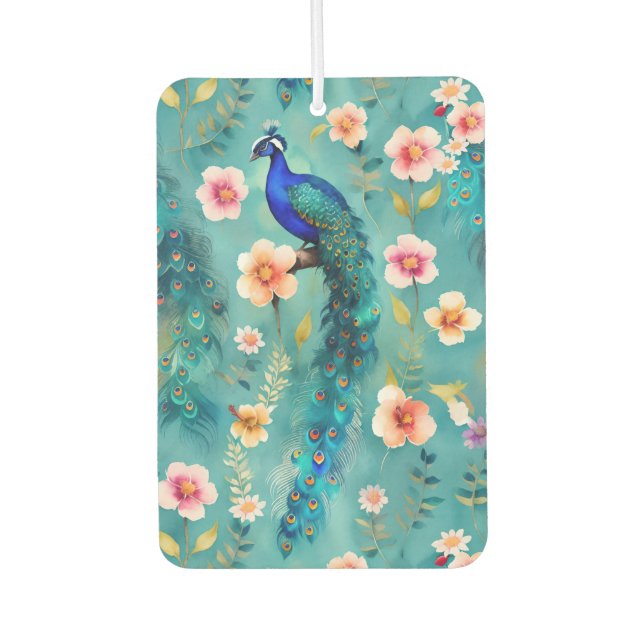Vibrant Peacock With Feathers & Lush Florals Car Air Freshener (Front)