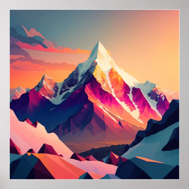 Vibrant peak: A snowy mountain at sunset. Poster (Front)