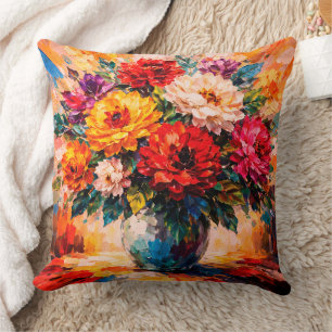 Vibrant Peonies Bouquet in Vase Impasto Cushion