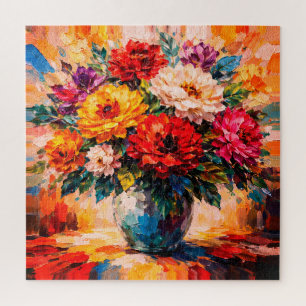 Vibrant Peonies Bouquet in Vase Impasto Jigsaw Puzzle
