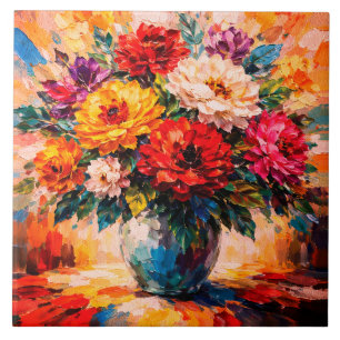 Vibrant Peonies Bouquet in Vase Impasto Tile