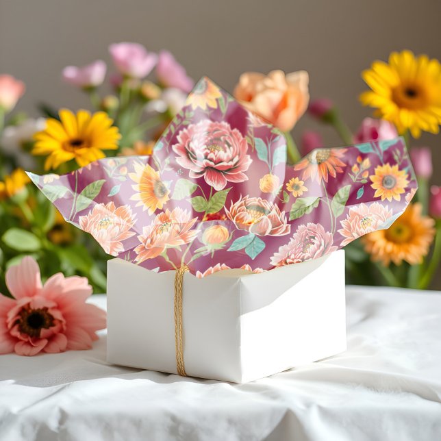 Vibrant Peonies & Daisies Bold Floral Pink Orange Tissue Paper (Gorgeous decorative floral tissue paper with bold peonies and daisies in bright pink orange & yellow)