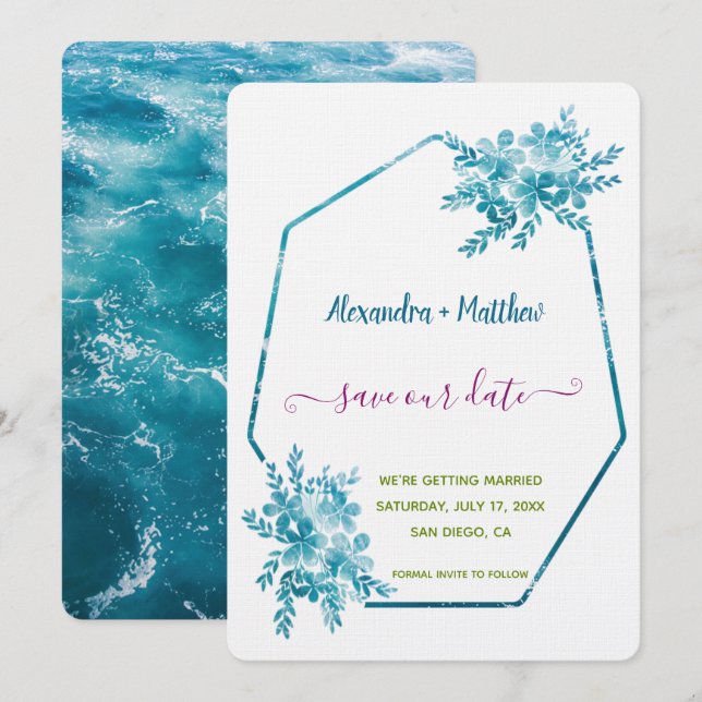 Vibrant & Personalised Ocean Floral Bliss Wedding  Save The Date (Front/Back)