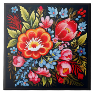Vibrant Petrikivka Ukrainian traditional folk art Tile