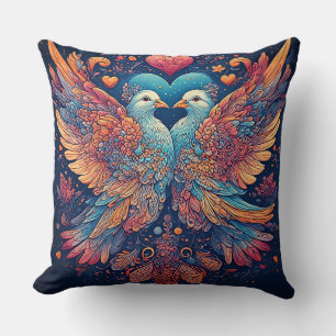 Vibrant Pigeons Surrounded by Blooming Flowers Cushion