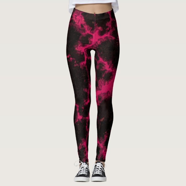 Vibrant Pink and Black Flames Leggings (Front)