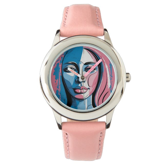 Vibrant Pink and Blue Abstract Face Art Watch (Front)