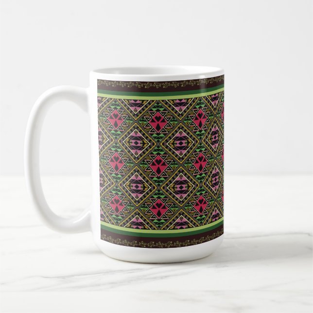 Vibrant Pink and Green Abstract Fabric Art Coffee Mug (Left)