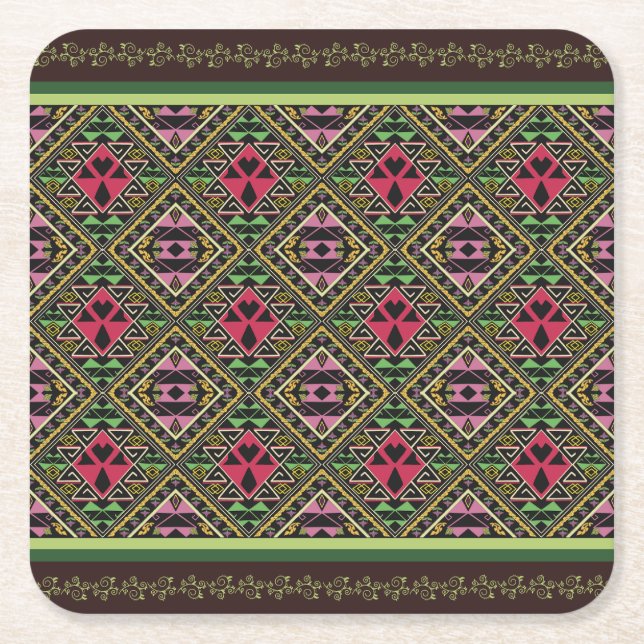 Vibrant Pink and Green Abstract Fabric Art Square Paper Coaster (Front)
