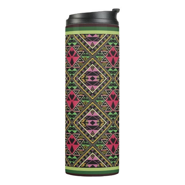 Vibrant Pink and Green Abstract Fabric Art Thermal Tumbler (Rotated Left)