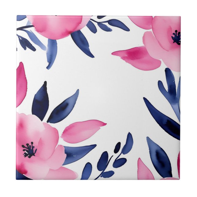 Vibrant Pink and Navy Watercolor Flowers Tile (Front)