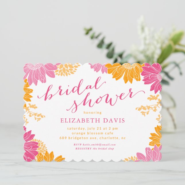 Vibrant Pink and Orange Floral Bridal Shower Invitation (Standing Front)