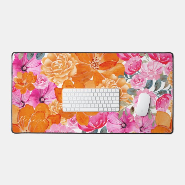 Vibrant Pink and Orange Floral Garden Custom Name Desk Mat (Keyboard & Mouse)