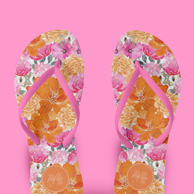 Vibrant Pink and Orange Floral Garden Custom Name Flip Flops (Creator Uploaded)