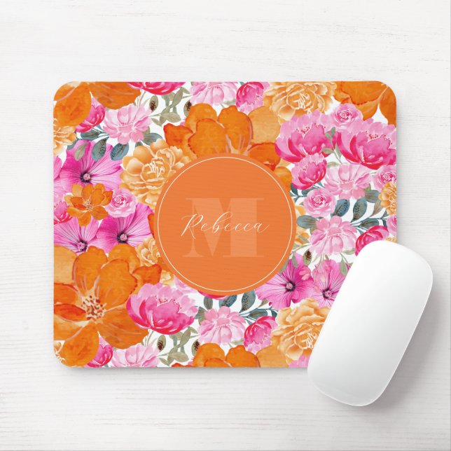 Vibrant Pink and Orange Floral Garden Custom Name Mouse Mat (With Mouse)