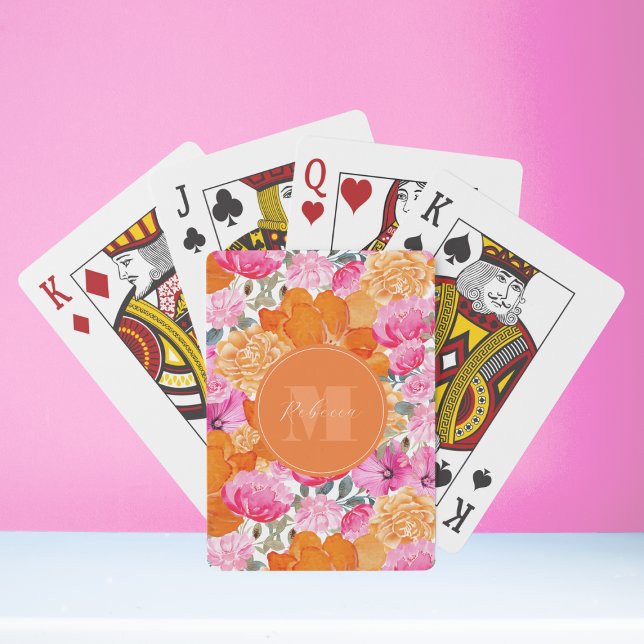 Vibrant Pink and Orange Floral Garden Custom Name Playing Cards (Creator Uploaded)