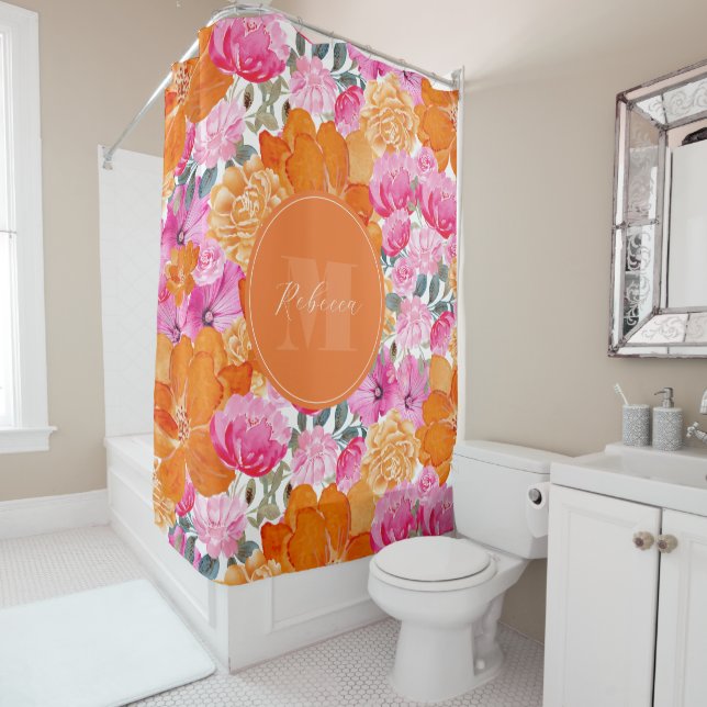 Vibrant Pink and Orange Floral Garden Custom Name Shower Curtain (In Situ)