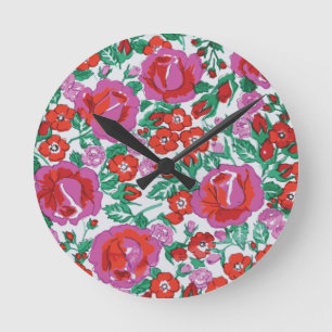 Vibrant Pink and Red Sketched Roses Round Clock