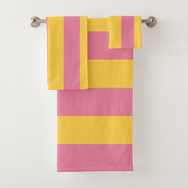 Vibrant Pink and Yellow Vertical Striped Pattern Bath Towel Set (Insitu)