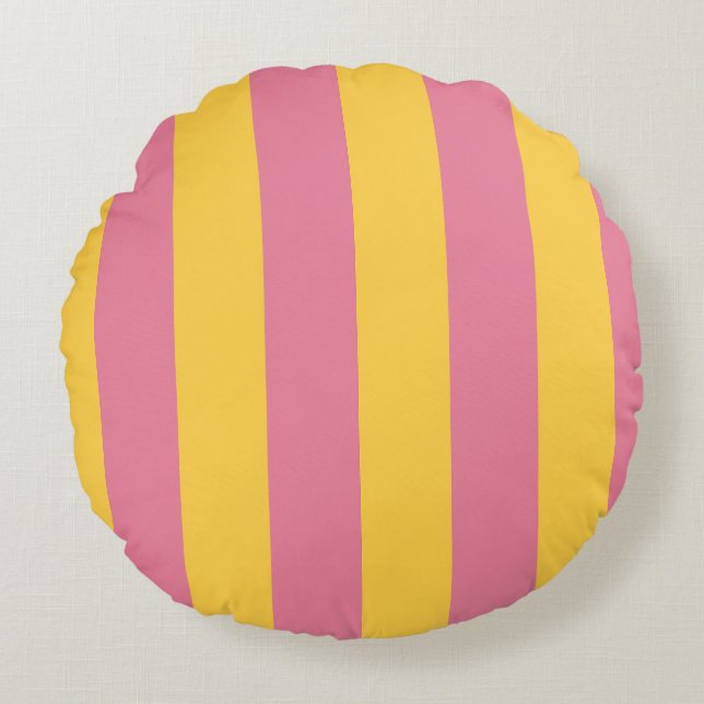 Vibrant Pink and Yellow Vertical Striped Pattern Round Cushion (Front)