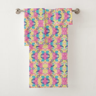 Vibrant pink, blue, yellow, and green design bath towel set