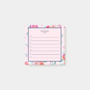 Vibrant Pink Blush Floral Custom Name To Do List Post-it Notes