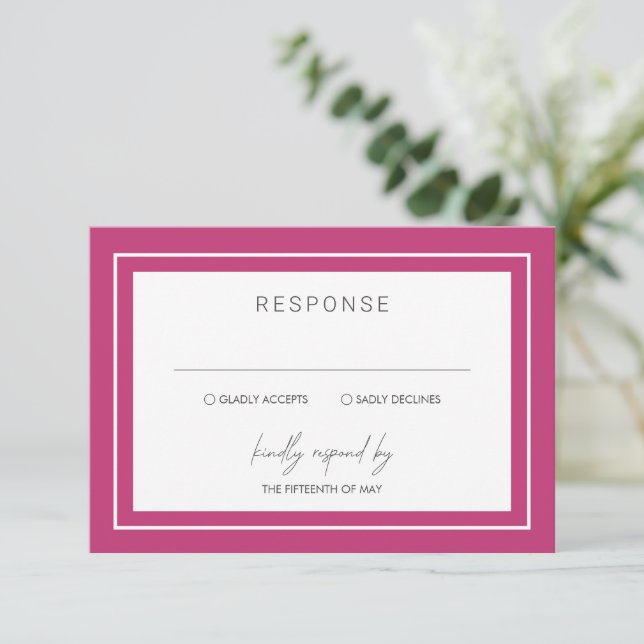 Vibrant Pink Bold Border Modern Wedding RSVP Card (Standing Front)