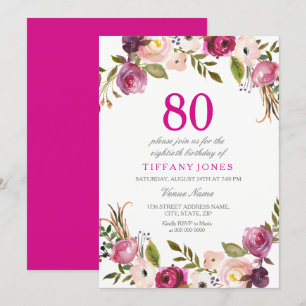 Vibrant Pink Botanical Floral 80th Birthday Invite