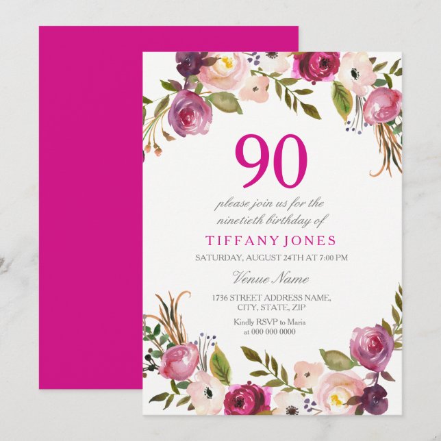 Vibrant Pink Botanical Floral 90th Birthday Invite (Front/Back)