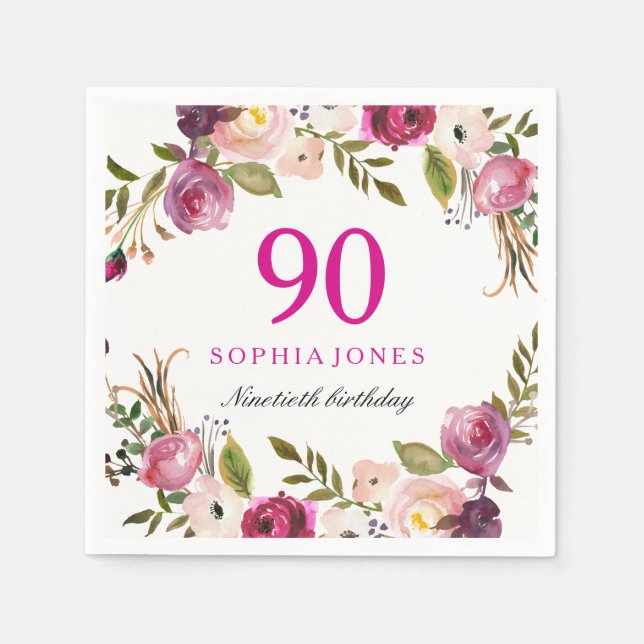 Vibrant Pink Botanical Floral 90th BirthdayParty Napkin (Front)