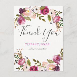 Vibrant Pink Botanical Floral Thank You Postcard