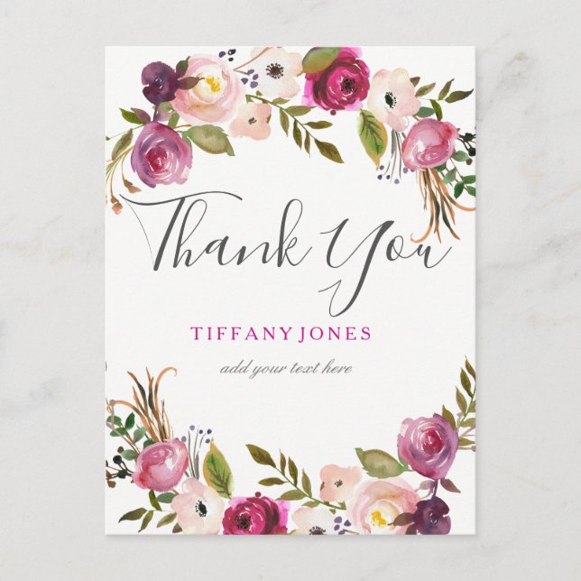 Vibrant Pink Botanical Floral Thank You Postcard (Front)