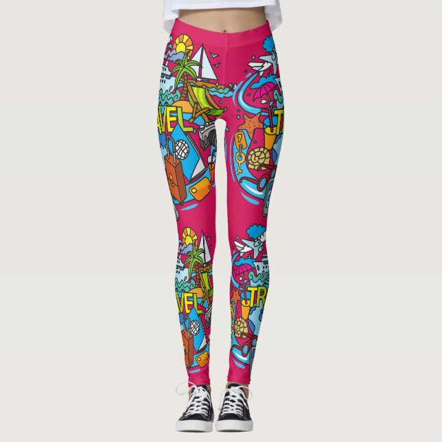 Vibrant pink cartoon art for traveller  leggings (Front)