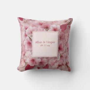 Vibrant Pink Cherry Blossom and Deep Rose Leaves Cushion