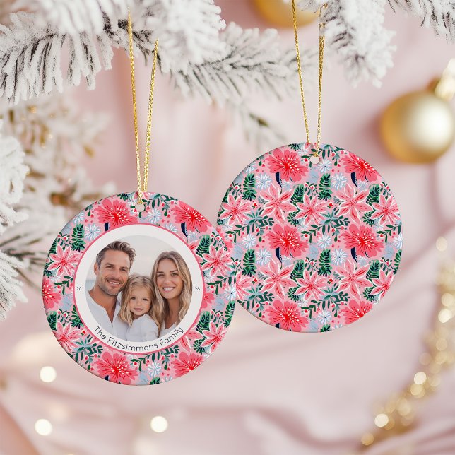 Vibrant Pink Christmas Floral 1 Sided Photo Ceramic Tree Decoration (Pink Tropical Floral Christmas one sided photo ornament)