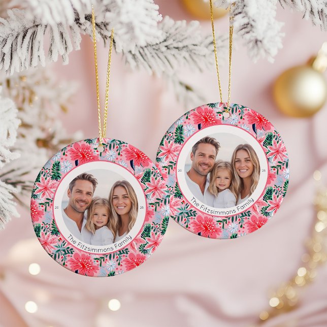 Vibrant Pink Christmas Floral 2 Sided Photo Ceramic Tree Decoration (Pink Tropical Floral Christmas two sided photo ornament)