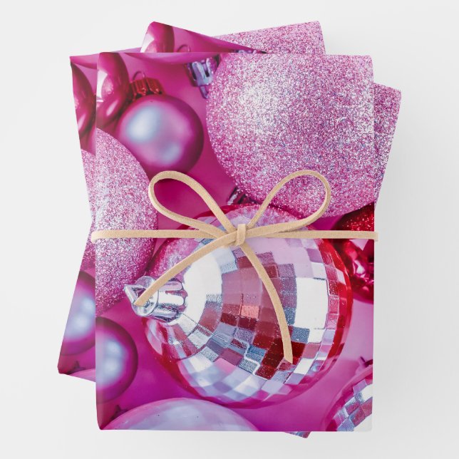 Vibrant Pink Christmas Ornaments  Wrapping Paper Sheet (In situ)
