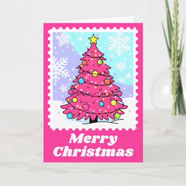 Vibrant Pink Christmas Tree Postage Stamp Holiday Card (Front)