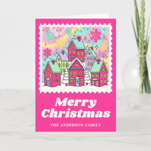 Vibrant Pink Christmas Village Postage Stamp Holiday Card