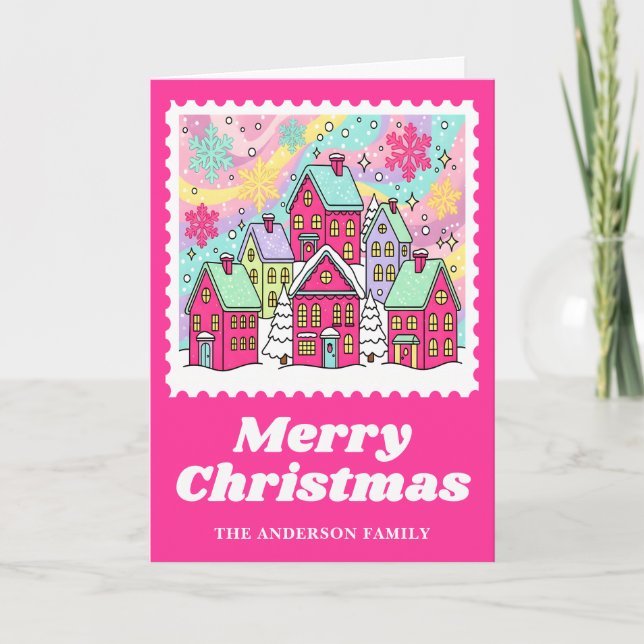 Vibrant Pink Christmas Village Postage Stamp Holiday Card (Front)